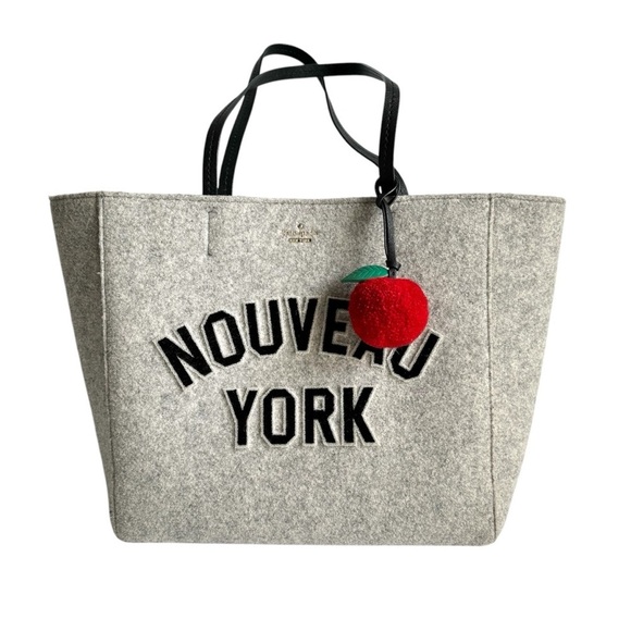 Kate Spade Nouveau York Tote Bag Hallie Gray Wool Felt Purse New York Bag Charm - Picture 3 of 12